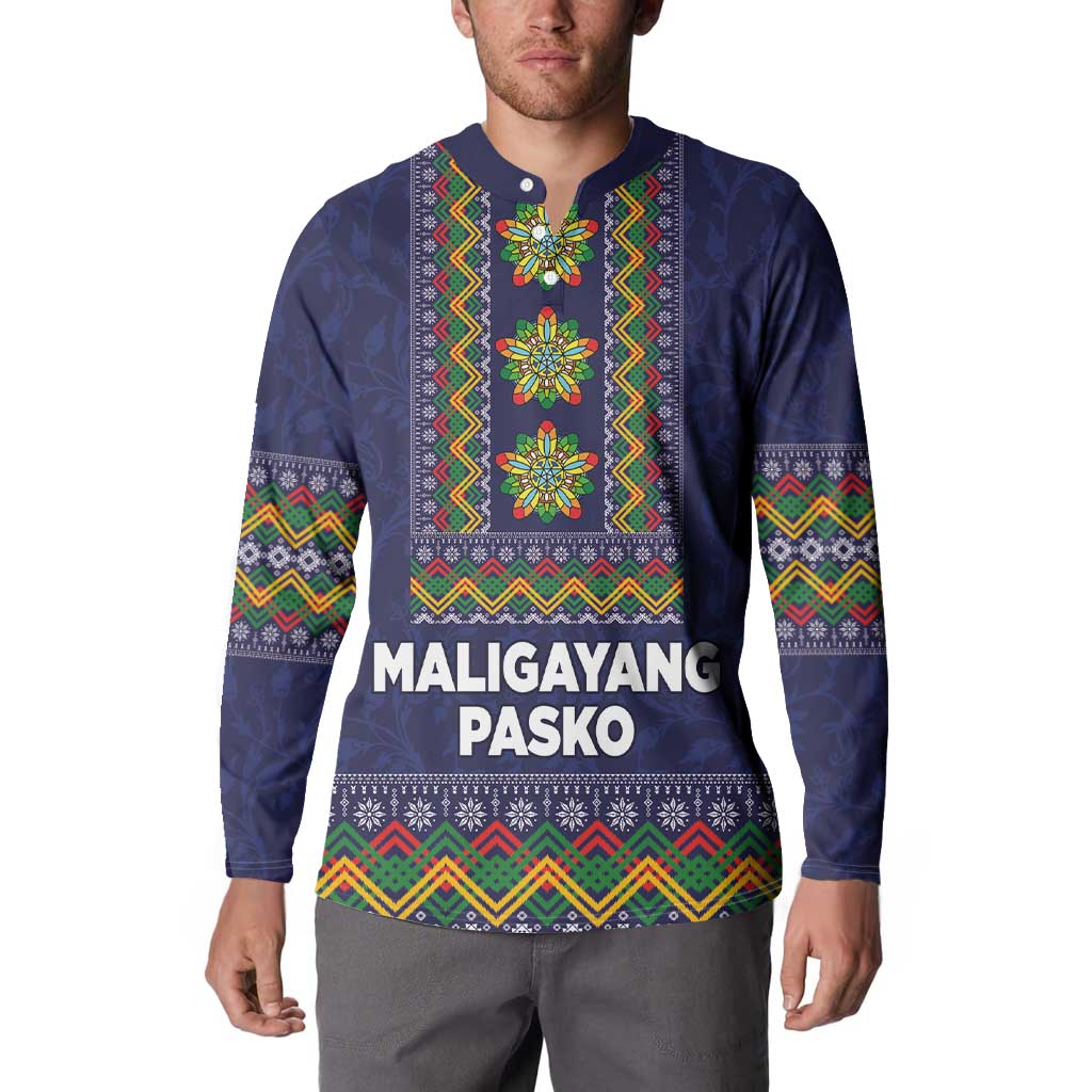 Philippines Merry Christmas Button Sweatshirt Maligayang Pasko with Parol and Xmas Pattern Barong Style - Wonder Print Shop