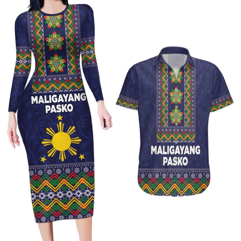 Philippines Merry Christmas Couples Matching Long Sleeve Bodycon Dress and Hawaiian Shirt Maligayang Pasko with Parol and Xmas Pattern Barong Style - Wonder Print Shop