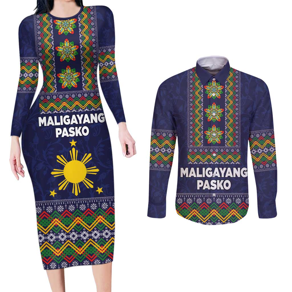 Philippines Merry Christmas Couples Matching Long Sleeve Bodycon Dress and Long Sleeve Button Shirt Maligayang Pasko with Parol and Xmas Pattern Barong Style - Wonder Print Shop