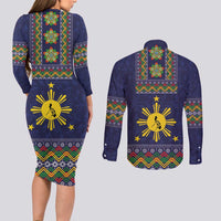 Philippines Merry Christmas Couples Matching Long Sleeve Bodycon Dress and Long Sleeve Button Shirt Maligayang Pasko with Parol and Xmas Pattern Barong Style - Wonder Print Shop