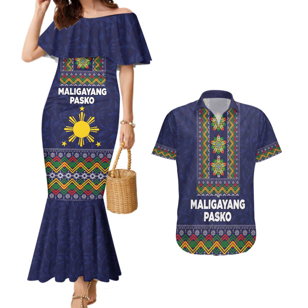 Philippines Merry Christmas Couples Matching Mermaid Dress and Hawaiian Shirt Maligayang Pasko with Parol and Xmas Pattern Barong Style - Wonder Print Shop