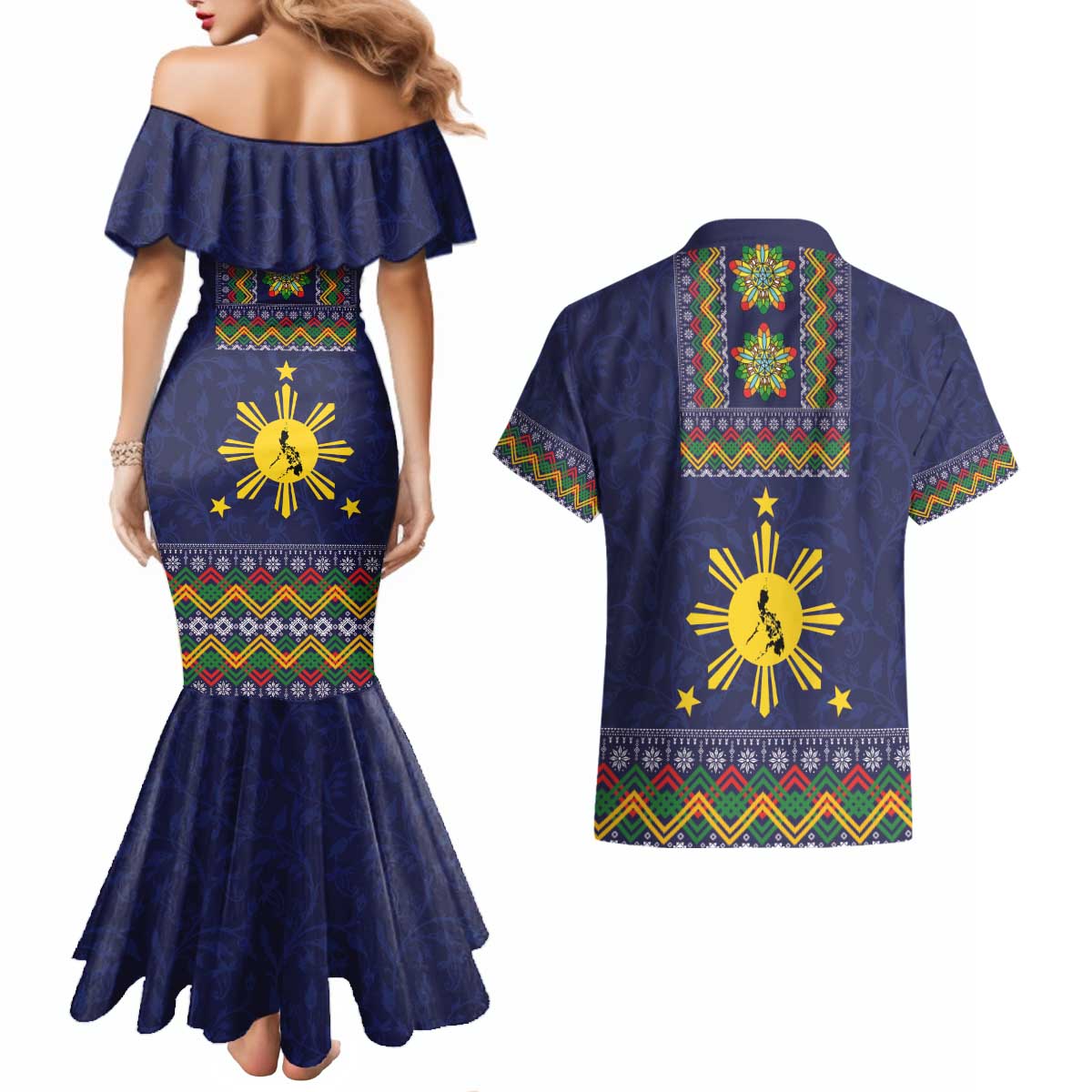 Philippines Merry Christmas Couples Matching Mermaid Dress and Hawaiian Shirt Maligayang Pasko with Parol and Xmas Pattern Barong Style - Wonder Print Shop