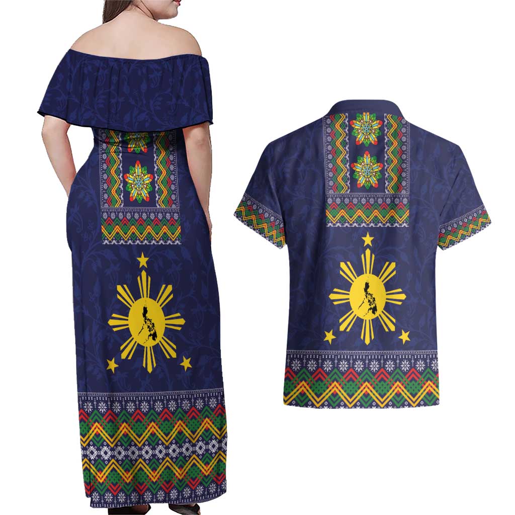 Philippines Merry Christmas Couples Matching Off Shoulder Maxi Dress and Hawaiian Shirt Maligayang Pasko with Parol and Xmas Pattern Barong Style - Wonder Print Shop