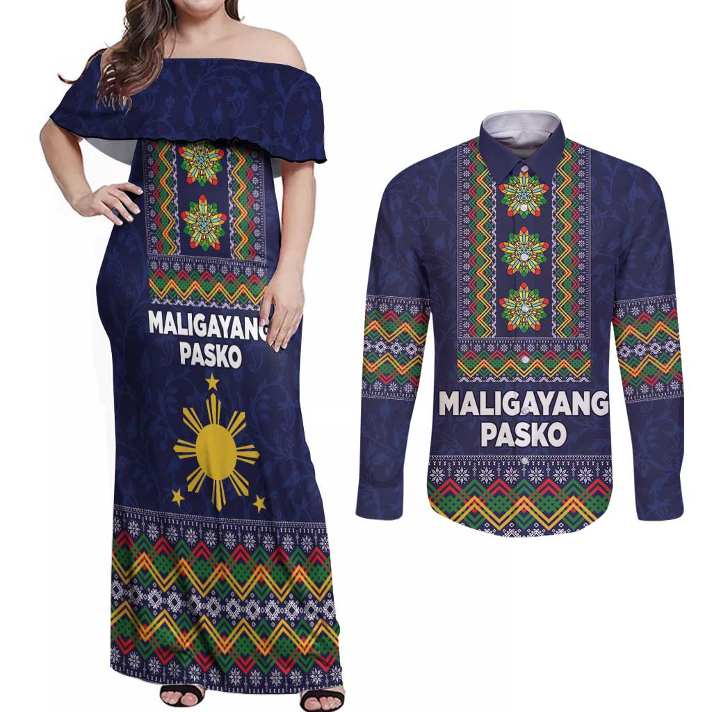 Philippines Merry Christmas Couples Matching Off Shoulder Maxi Dress and Long Sleeve Button Shirt Maligayang Pasko with Parol and Xmas Pattern Barong Style - Wonder Print Shop