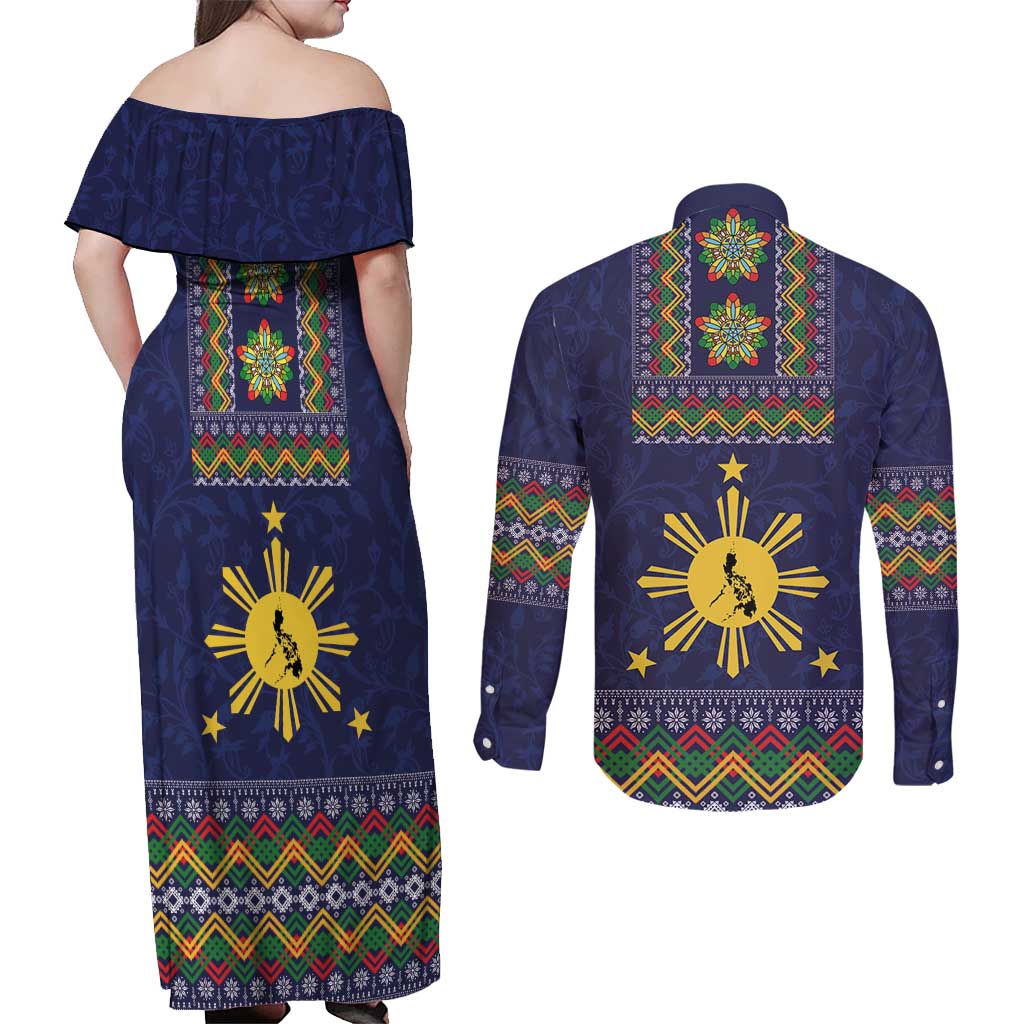 Philippines Merry Christmas Couples Matching Off Shoulder Maxi Dress and Long Sleeve Button Shirt Maligayang Pasko with Parol and Xmas Pattern Barong Style - Wonder Print Shop