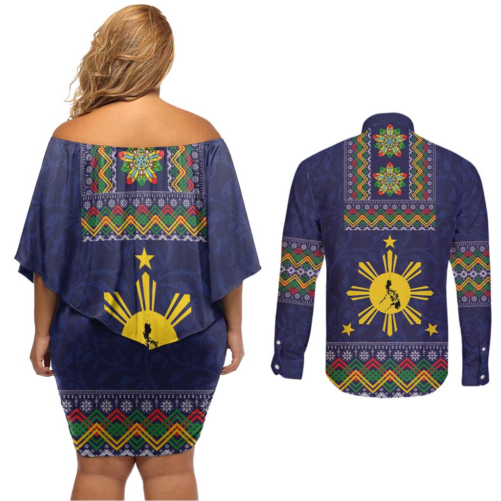 Philippines Merry Christmas Couples Matching Off Shoulder Short Dress and Long Sleeve Button Shirt Maligayang Pasko with Parol and Xmas Pattern Barong Style - Wonder Print Shop