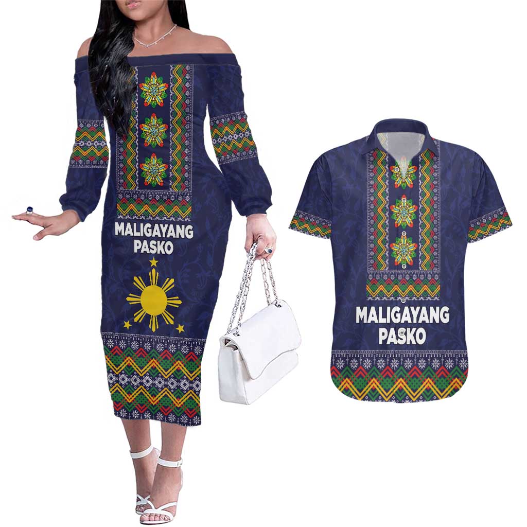 Philippines Merry Christmas Couples Matching Off The Shoulder Long Sleeve Dress and Hawaiian Shirt Maligayang Pasko with Parol and Xmas Pattern Barong Style - Wonder Print Shop