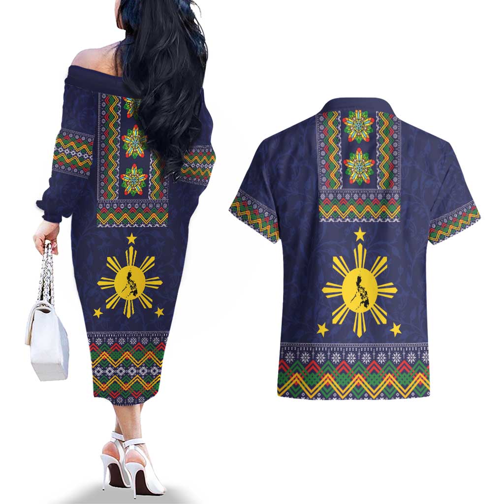 Philippines Merry Christmas Couples Matching Off The Shoulder Long Sleeve Dress and Hawaiian Shirt Maligayang Pasko with Parol and Xmas Pattern Barong Style - Wonder Print Shop