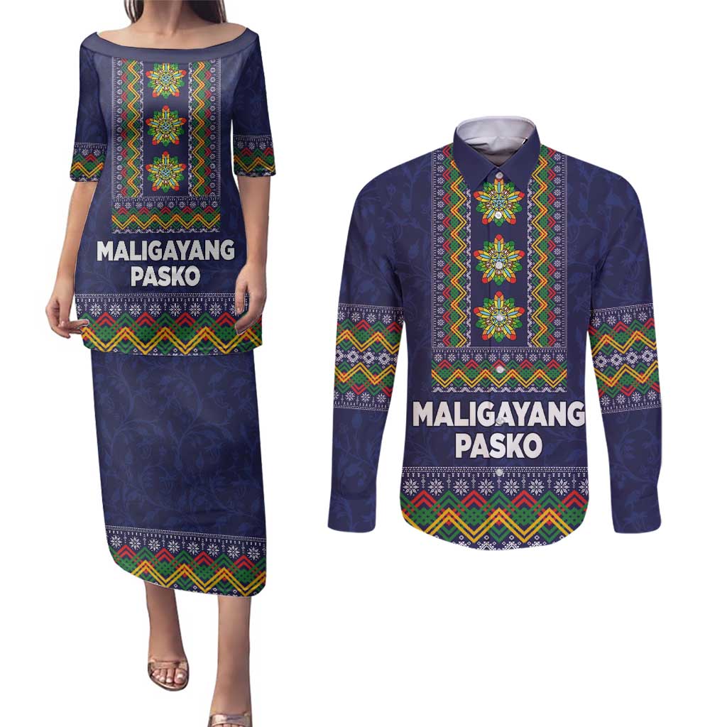 Philippines Merry Christmas Couples Matching Puletasi and Long Sleeve Button Shirt Maligayang Pasko with Parol and Xmas Pattern Barong Style - Wonder Print Shop