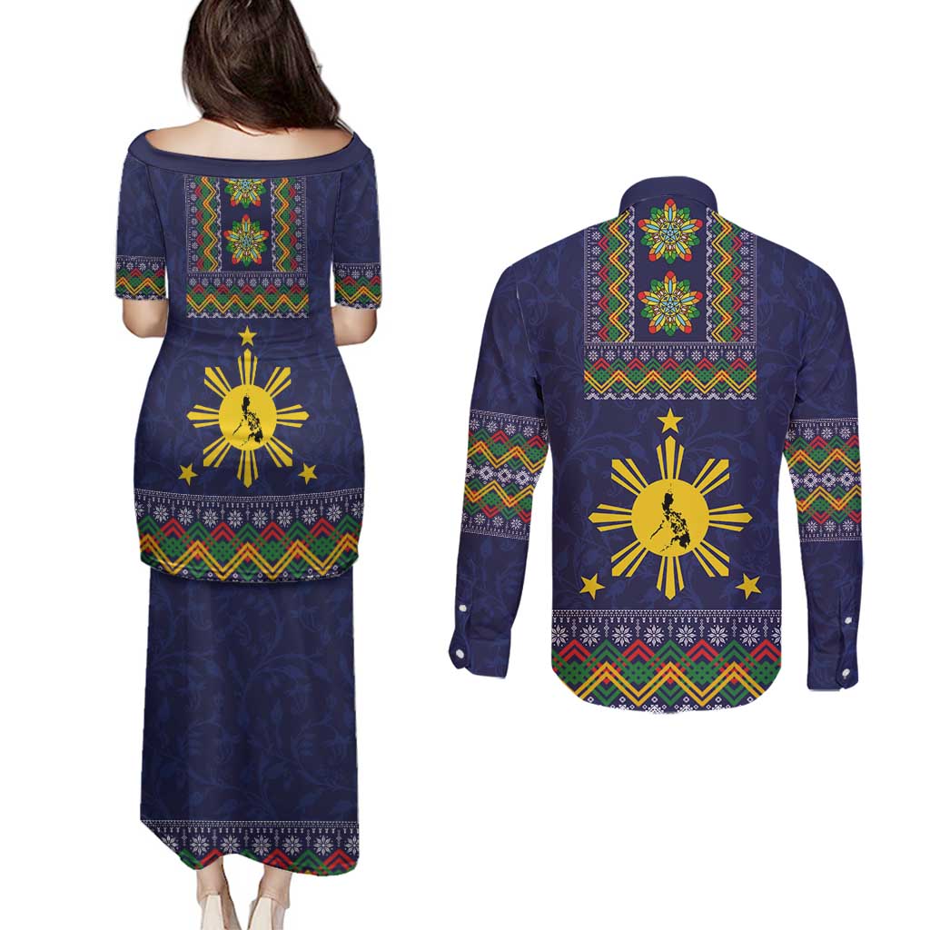 Philippines Merry Christmas Couples Matching Puletasi and Long Sleeve Button Shirt Maligayang Pasko with Parol and Xmas Pattern Barong Style - Wonder Print Shop