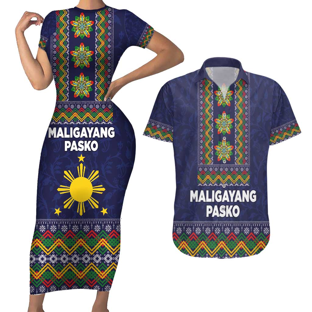 Philippines Merry Christmas Couples Matching Short Sleeve Bodycon Dress and Hawaiian Shirt Maligayang Pasko with Parol and Xmas Pattern Barong Style - Wonder Print Shop