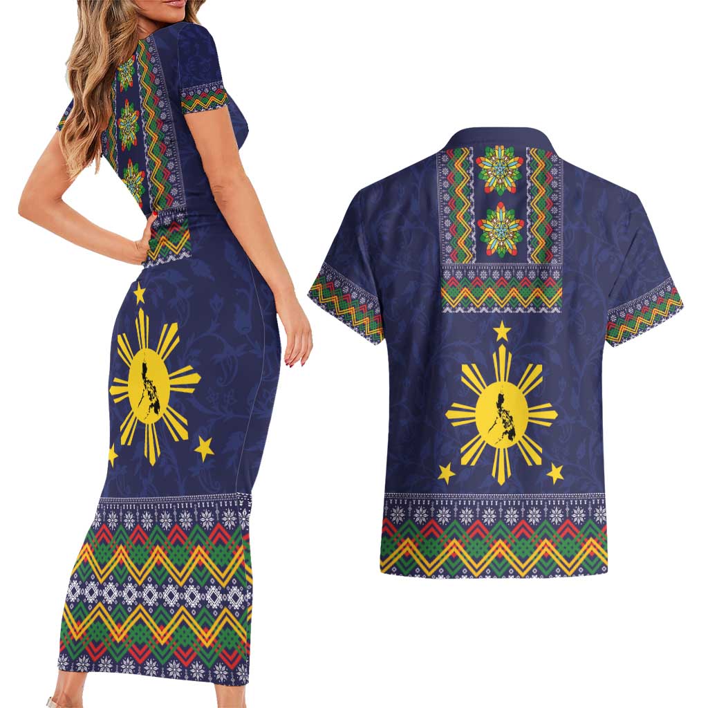 Philippines Merry Christmas Couples Matching Short Sleeve Bodycon Dress and Hawaiian Shirt Maligayang Pasko with Parol and Xmas Pattern Barong Style - Wonder Print Shop