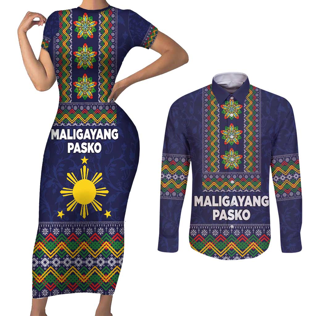 Philippines Merry Christmas Couples Matching Short Sleeve Bodycon Dress and Long Sleeve Button Shirt Maligayang Pasko with Parol and Xmas Pattern Barong Style - Wonder Print Shop