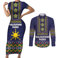 Philippines Merry Christmas Couples Matching Short Sleeve Bodycon Dress and Long Sleeve Button Shirt Maligayang Pasko with Parol and Xmas Pattern Barong Style - Wonder Print Shop