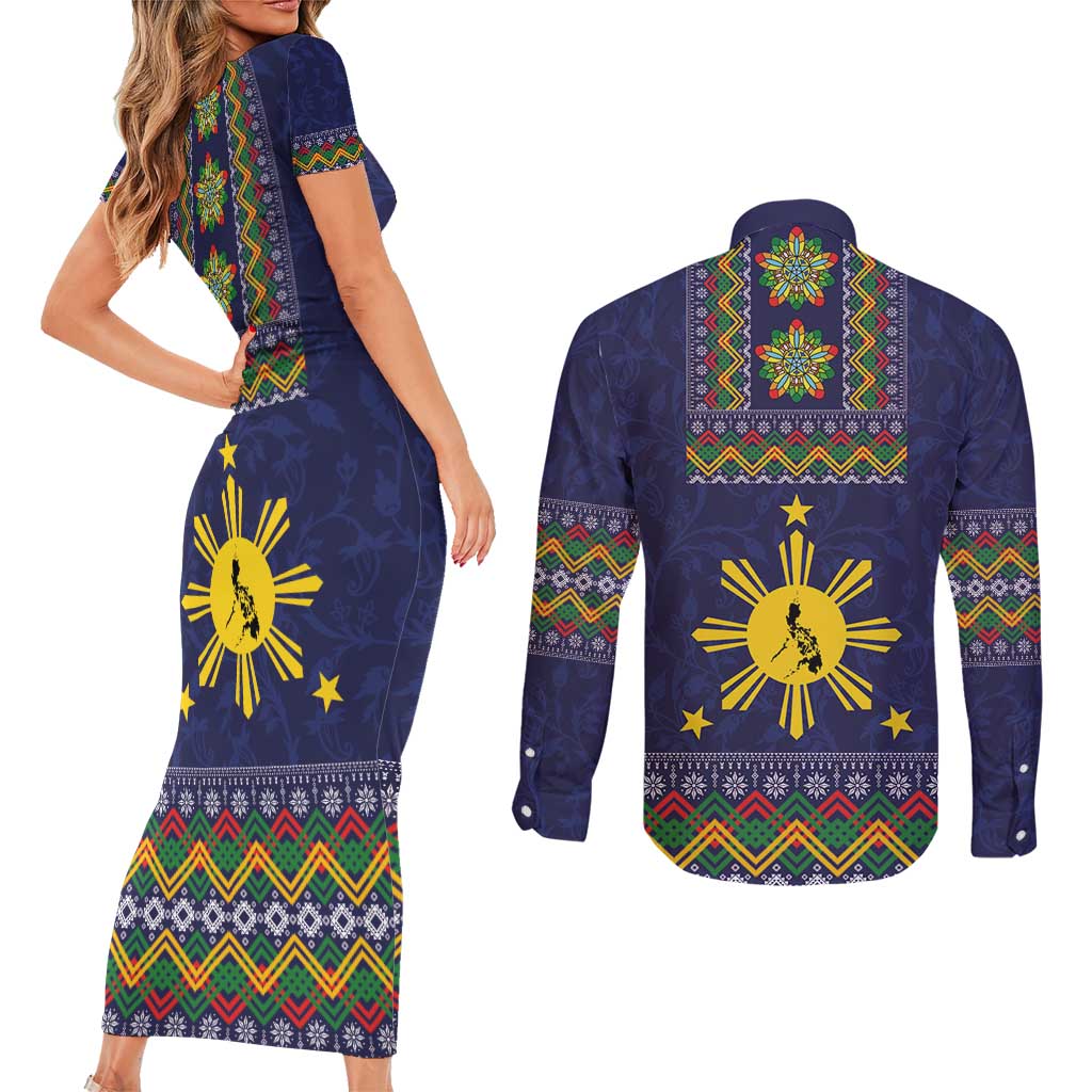 Philippines Merry Christmas Couples Matching Short Sleeve Bodycon Dress and Long Sleeve Button Shirt Maligayang Pasko with Parol and Xmas Pattern Barong Style - Wonder Print Shop