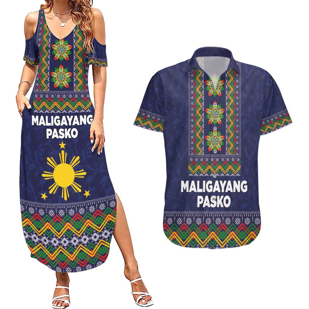 Philippines Merry Christmas Couples Matching Summer Maxi Dress and Hawaiian Shirt Maligayang Pasko with Parol and Xmas Pattern Barong Style - Wonder Print Shop