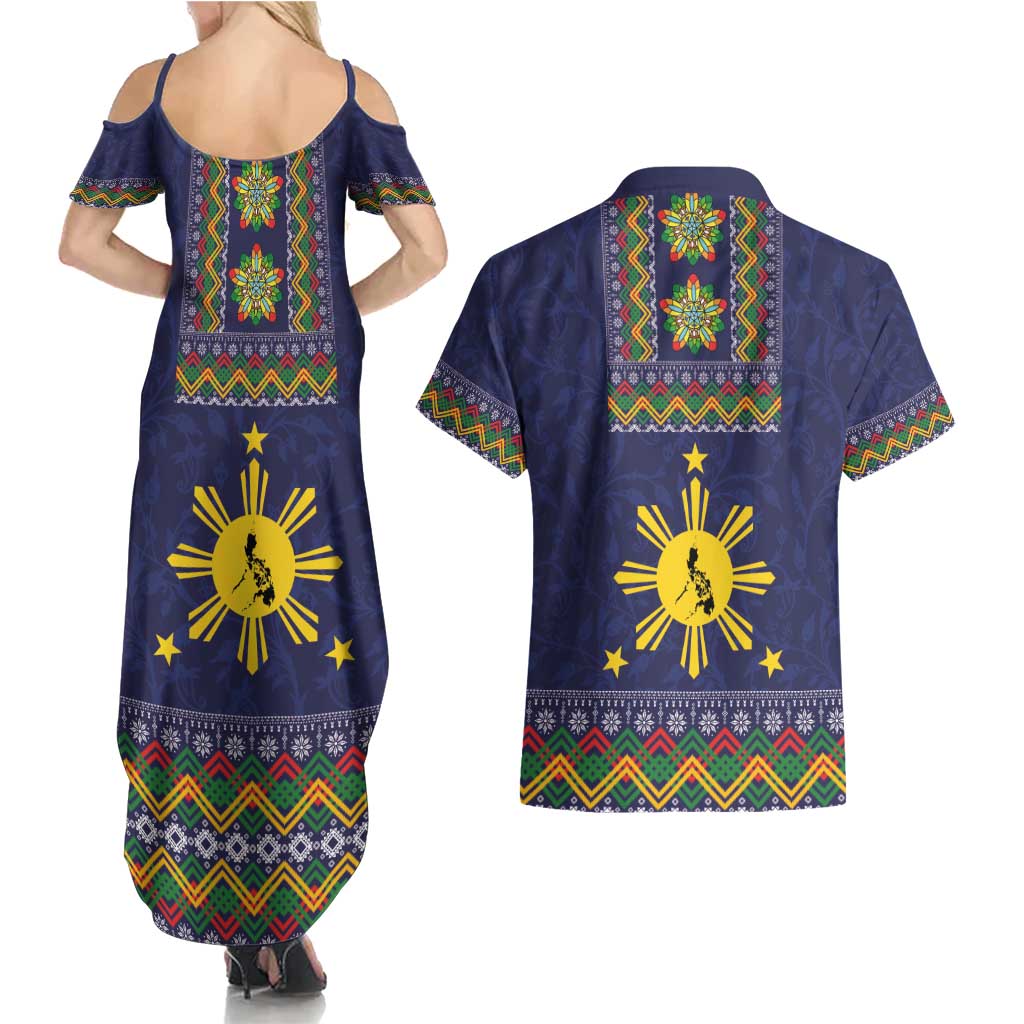 Philippines Merry Christmas Couples Matching Summer Maxi Dress and Hawaiian Shirt Maligayang Pasko with Parol and Xmas Pattern Barong Style - Wonder Print Shop