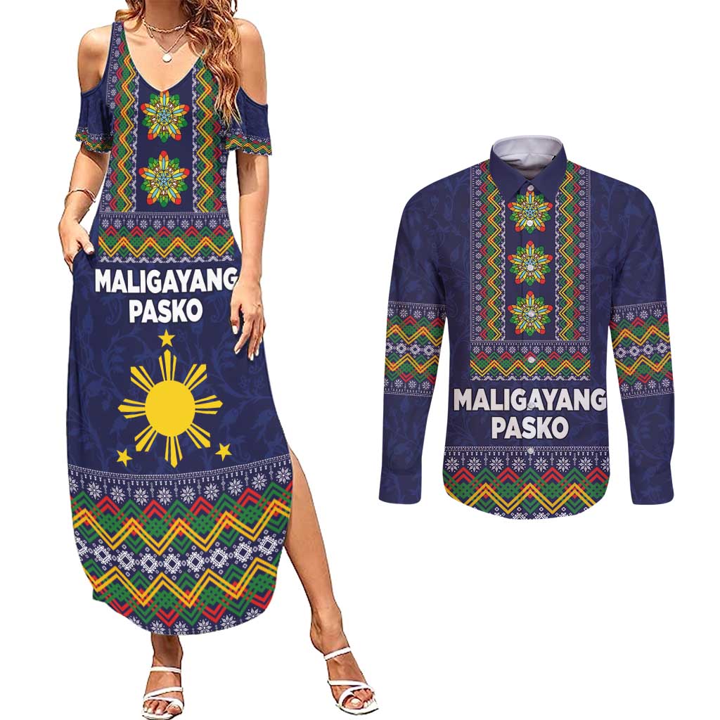 Philippines Merry Christmas Couples Matching Summer Maxi Dress and Long Sleeve Button Shirt Maligayang Pasko with Parol and Xmas Pattern Barong Style - Wonder Print Shop