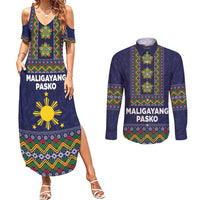 Philippines Merry Christmas Couples Matching Summer Maxi Dress and Long Sleeve Button Shirt Maligayang Pasko with Parol and Xmas Pattern Barong Style - Wonder Print Shop