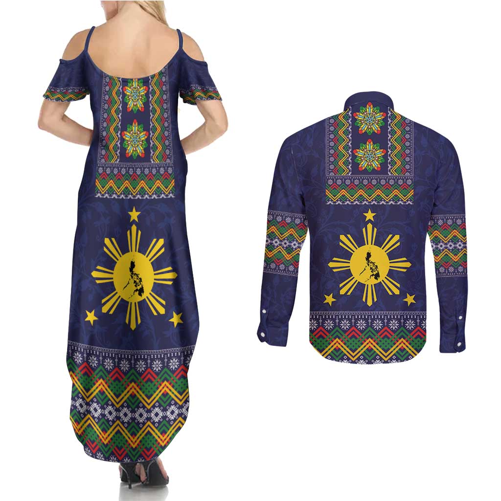 Philippines Merry Christmas Couples Matching Summer Maxi Dress and Long Sleeve Button Shirt Maligayang Pasko with Parol and Xmas Pattern Barong Style - Wonder Print Shop