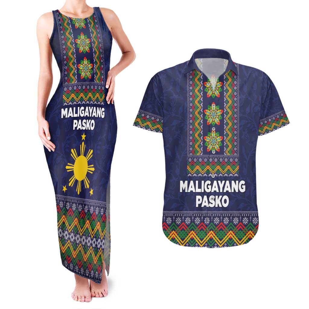 Philippines Merry Christmas Couples Matching Tank Maxi Dress and Hawaiian Shirt Maligayang Pasko with Parol and Xmas Pattern Barong Style - Wonder Print Shop