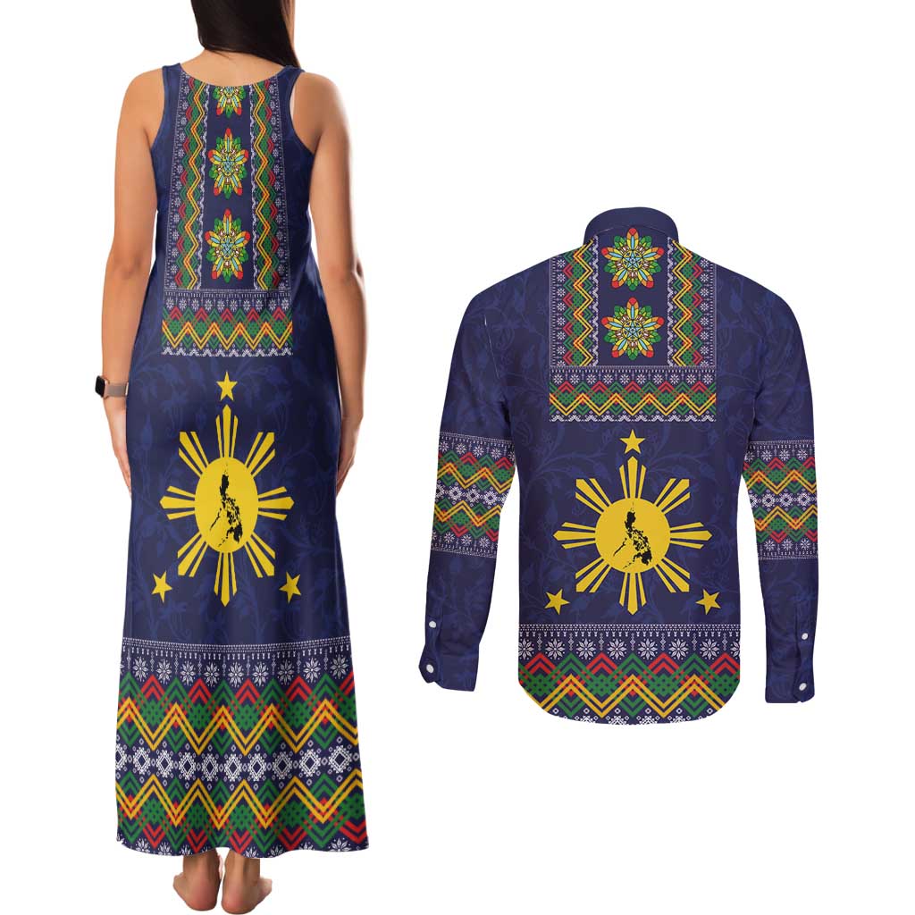Philippines Merry Christmas Couples Matching Tank Maxi Dress and Long Sleeve Button Shirt Maligayang Pasko with Parol and Xmas Pattern Barong Style - Wonder Print Shop