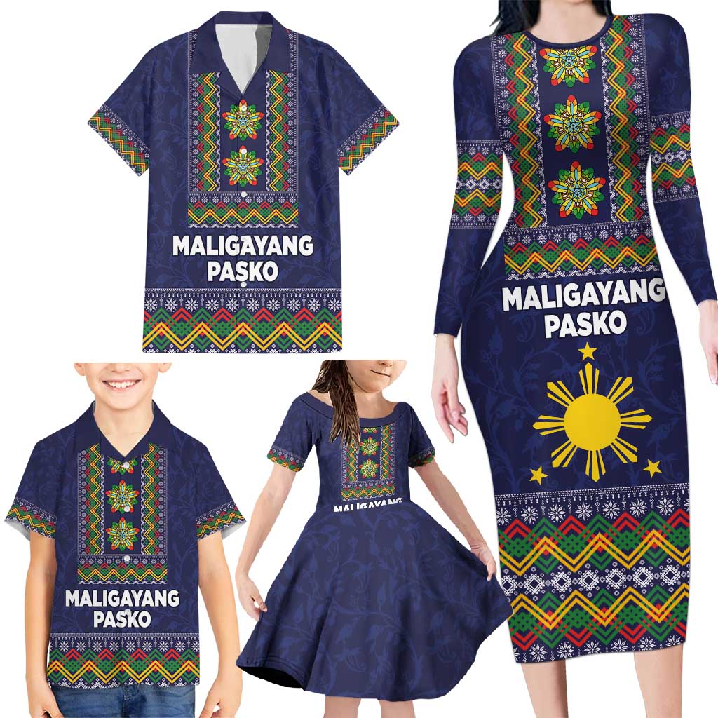 Philippines Merry Christmas Family Matching Long Sleeve Bodycon Dress and Hawaiian Shirt Maligayang Pasko with Parol and Xmas Pattern Barong Style - Wonder Print Shop