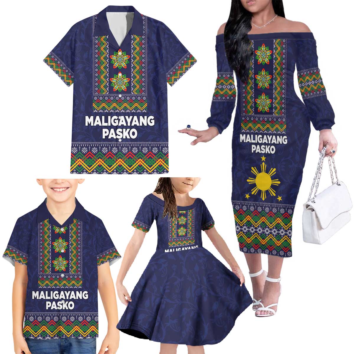 Philippines Merry Christmas Family Matching Off The Shoulder Long Sleeve Dress and Hawaiian Shirt Maligayang Pasko with Parol and Xmas Pattern Barong Style - Wonder Print Shop