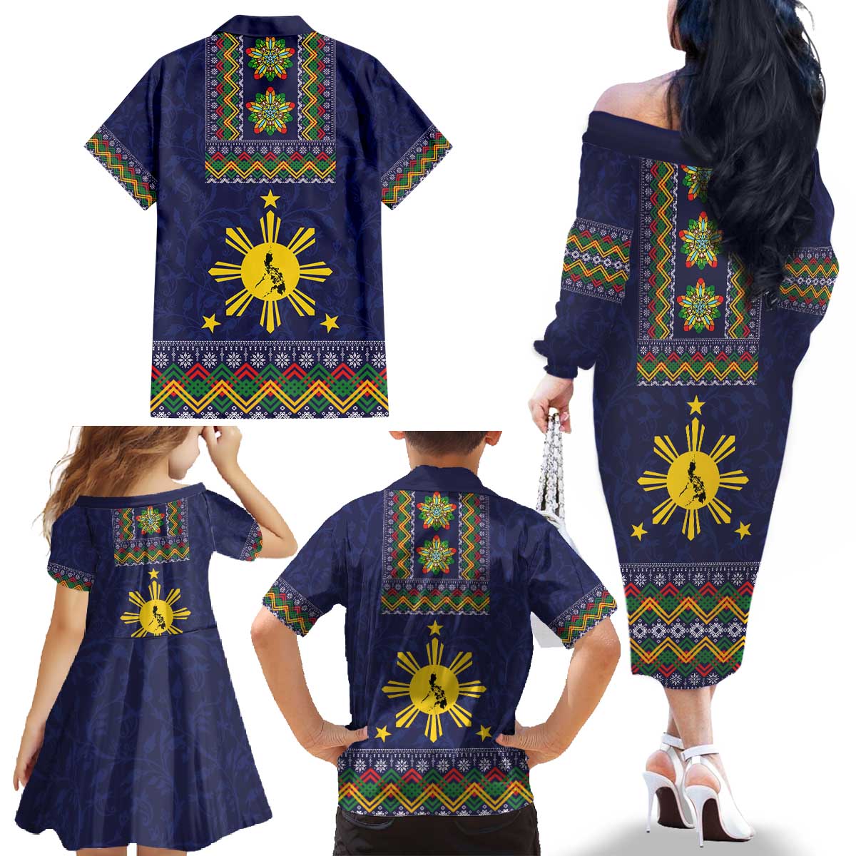 Philippines Merry Christmas Family Matching Off The Shoulder Long Sleeve Dress and Hawaiian Shirt Maligayang Pasko with Parol and Xmas Pattern Barong Style - Wonder Print Shop