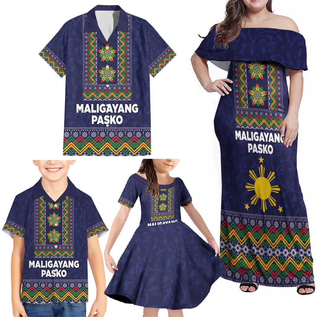Philippines Merry Christmas Family Matching Off Shoulder Maxi Dress and Hawaiian Shirt Maligayang Pasko with Parol and Xmas Pattern Barong Style - Wonder Print Shop