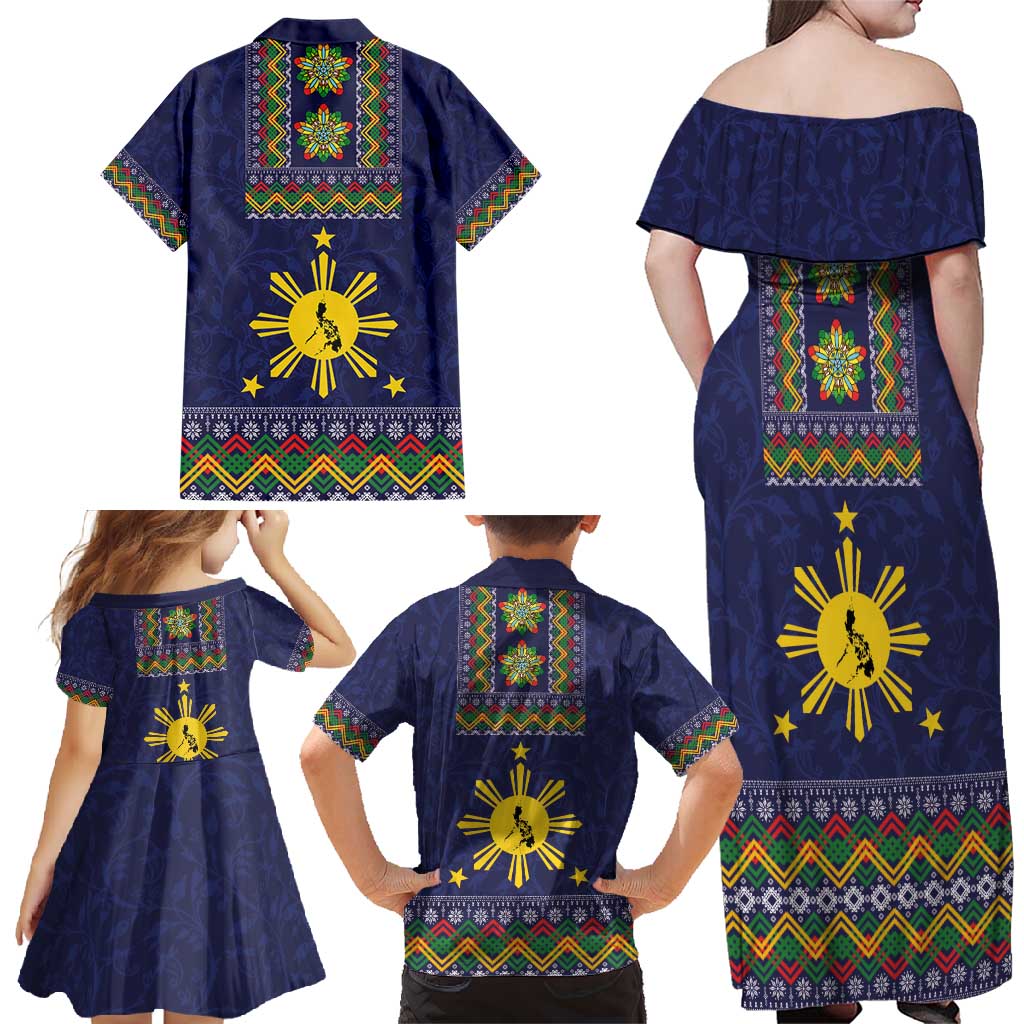 Philippines Merry Christmas Family Matching Off Shoulder Maxi Dress and Hawaiian Shirt Maligayang Pasko with Parol and Xmas Pattern Barong Style - Wonder Print Shop