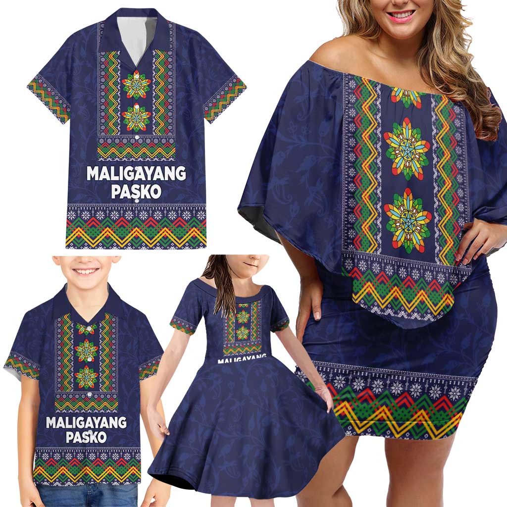 Philippines Merry Christmas Family Matching Off Shoulder Short Dress and Hawaiian Shirt Maligayang Pasko with Parol and Xmas Pattern Barong Style - Wonder Print Shop