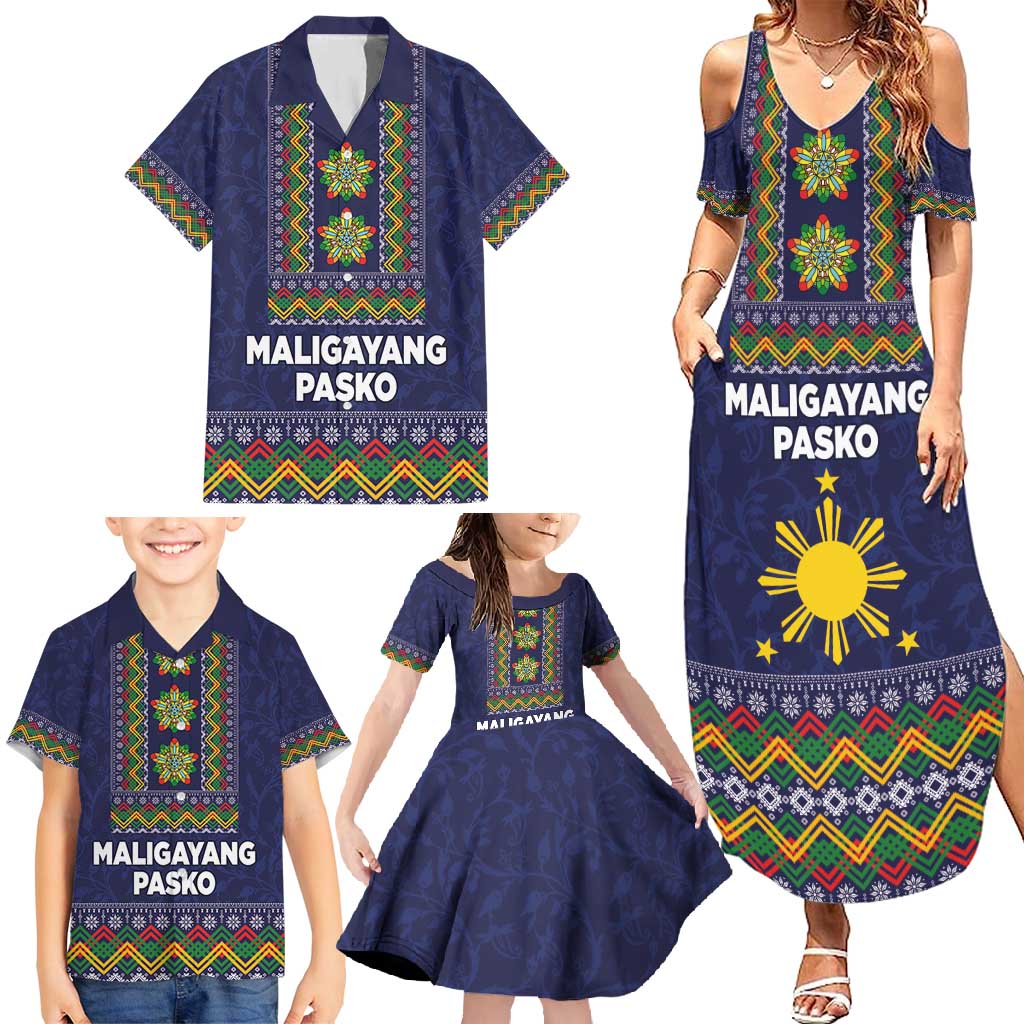 Philippines Merry Christmas Family Matching Summer Maxi Dress and Hawaiian Shirt Maligayang Pasko with Parol and Xmas Pattern Barong Style - Wonder Print Shop