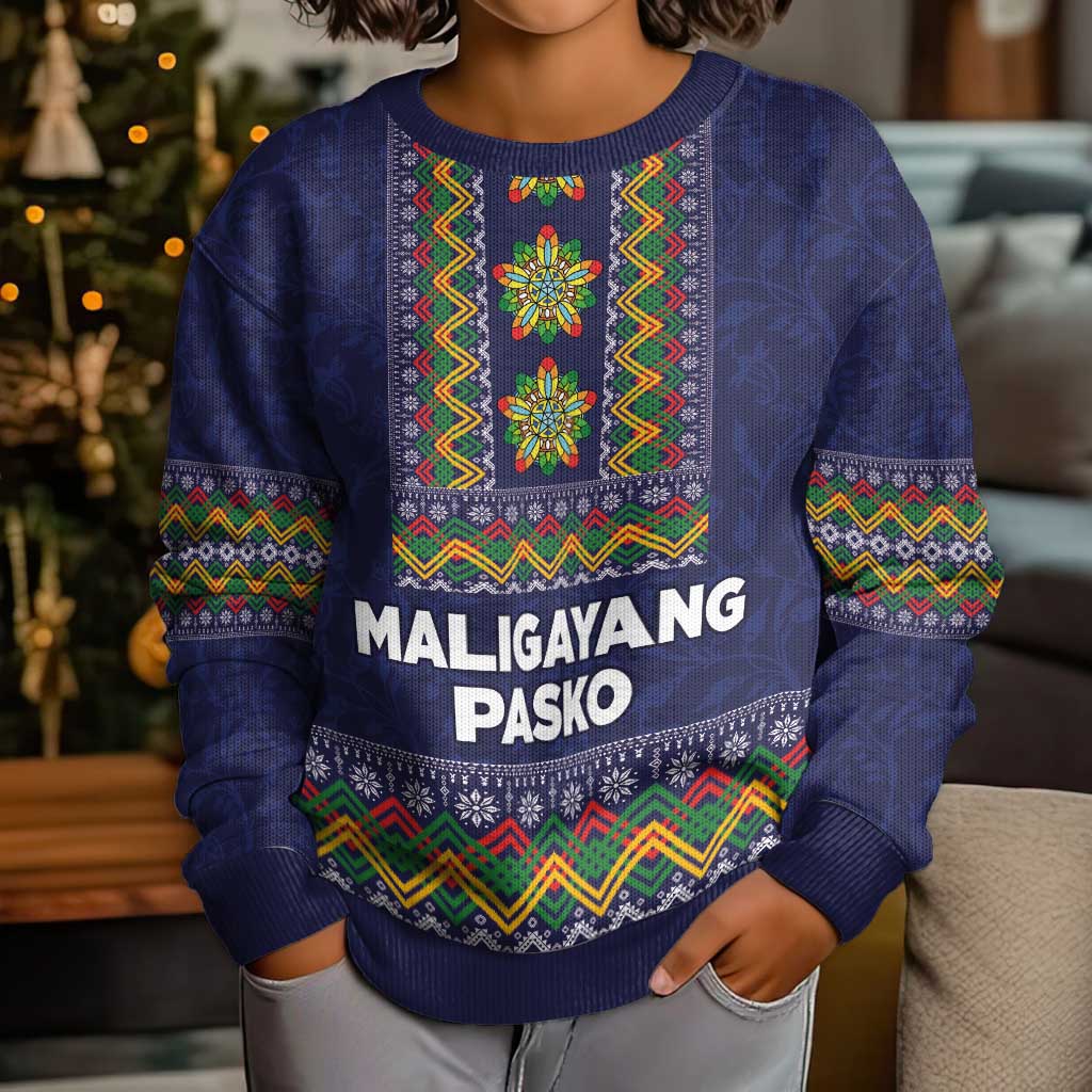Philippines Merry Christmas Kid Ugly Christmas Sweater Maligayang Pasko with Parol and Xmas Pattern Barong Style - Wonder Print Shop