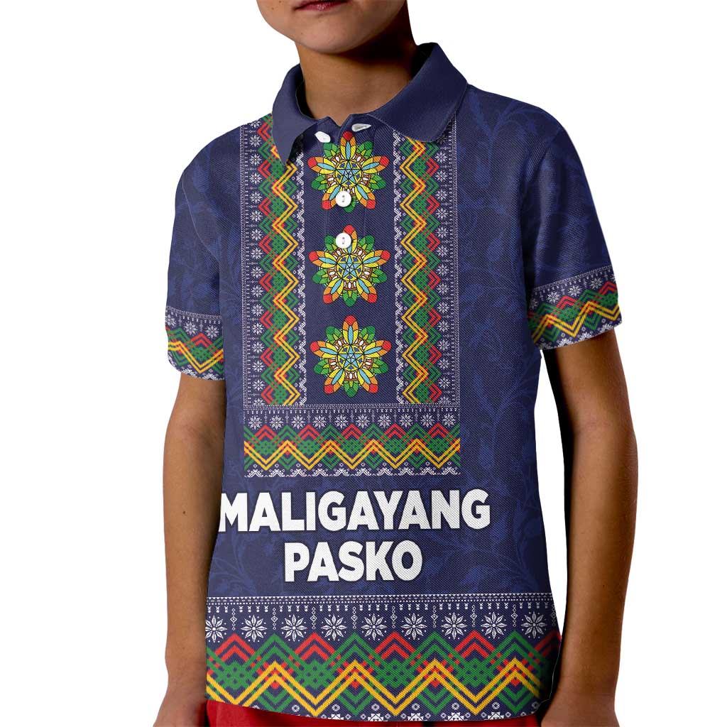 Philippines Merry Christmas Kid Polo Shirt Maligayang Pasko with Parol and Xmas Pattern Barong Style - Wonder Print Shop