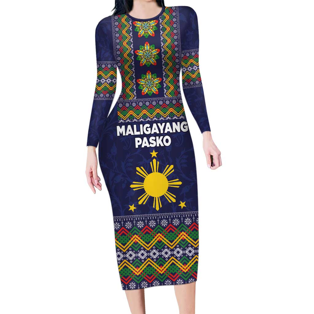 Philippines Merry Christmas Long Sleeve Bodycon Dress Maligayang Pasko with Parol and Xmas Pattern Barong Style - Wonder Print Shop