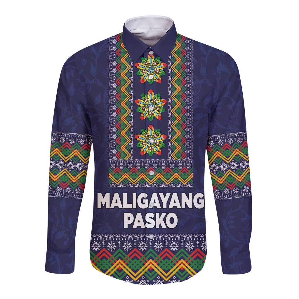 Philippines Merry Christmas Long Sleeve Button Shirt Maligayang Pasko with Parol and Xmas Pattern Barong Style - Wonder Print Shop
