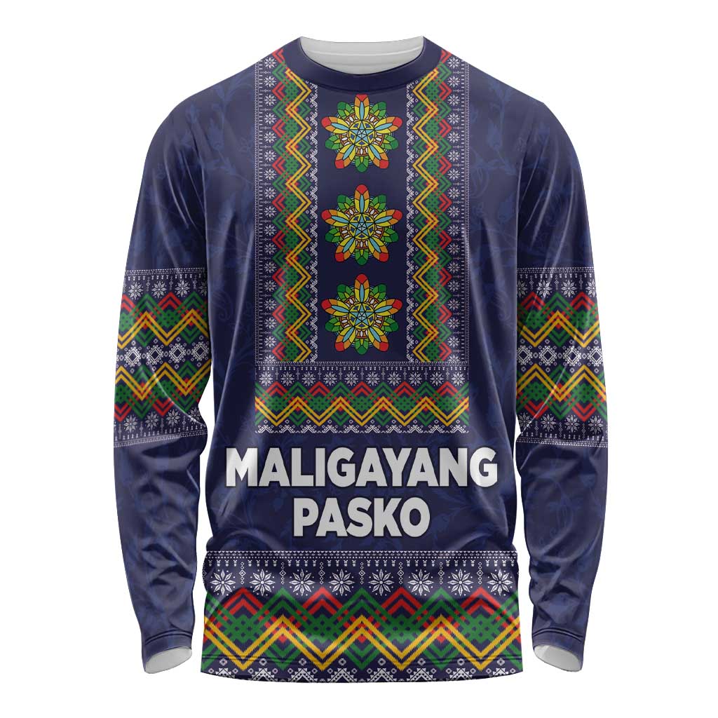 Philippines Merry Christmas Long Sleeve Shirt Maligayang Pasko with Parol and Xmas Pattern Barong Style - Wonder Print Shop