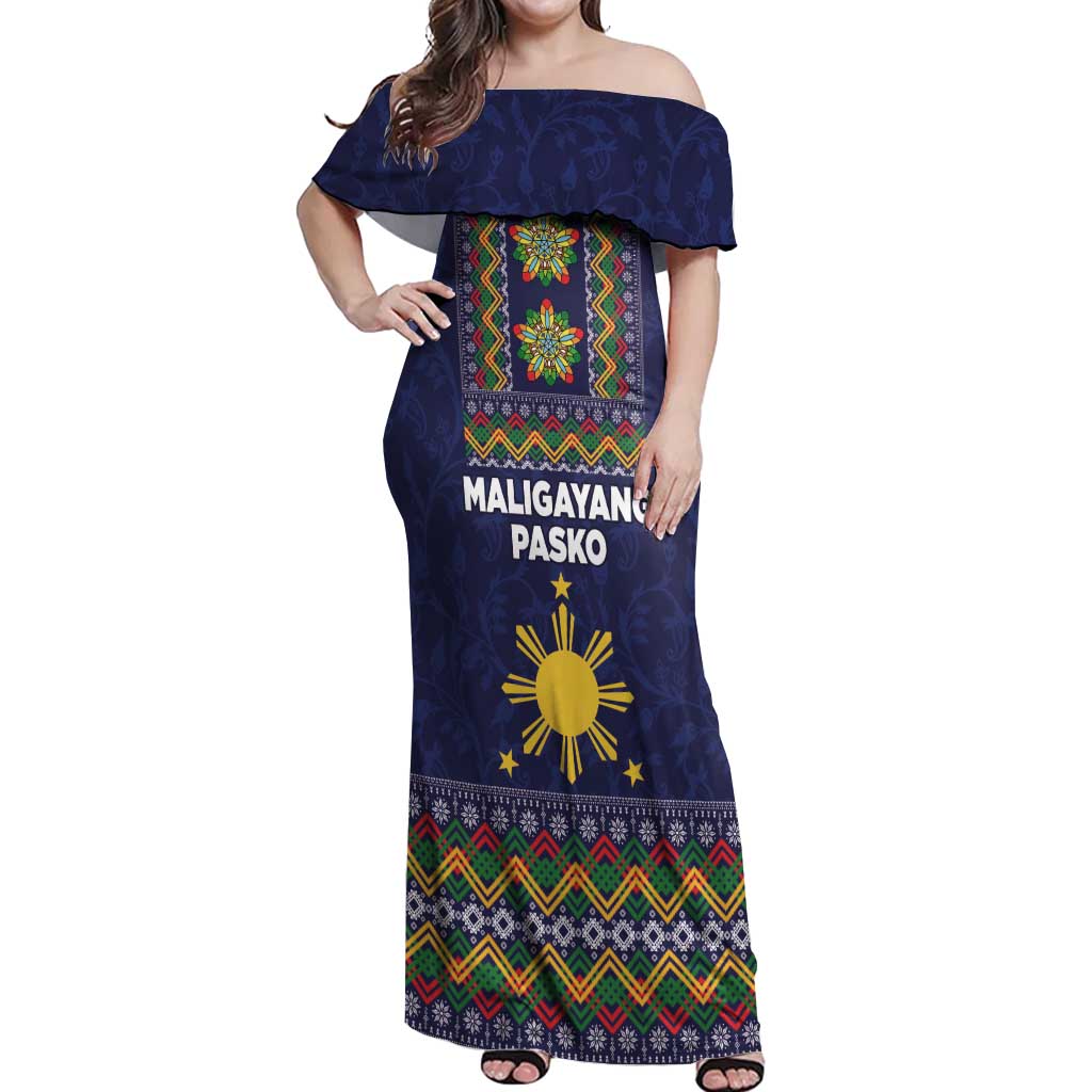 Philippines Merry Christmas Off Shoulder Maxi Dress Maligayang Pasko with Parol and Xmas Pattern Barong Style - Wonder Print Shop