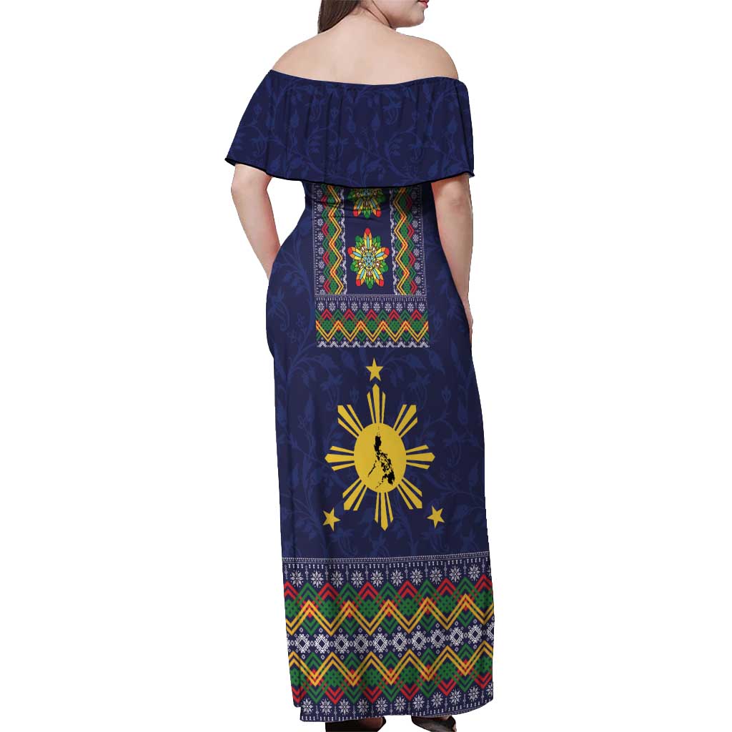 Philippines Merry Christmas Off Shoulder Maxi Dress Maligayang Pasko with Parol and Xmas Pattern Barong Style - Wonder Print Shop