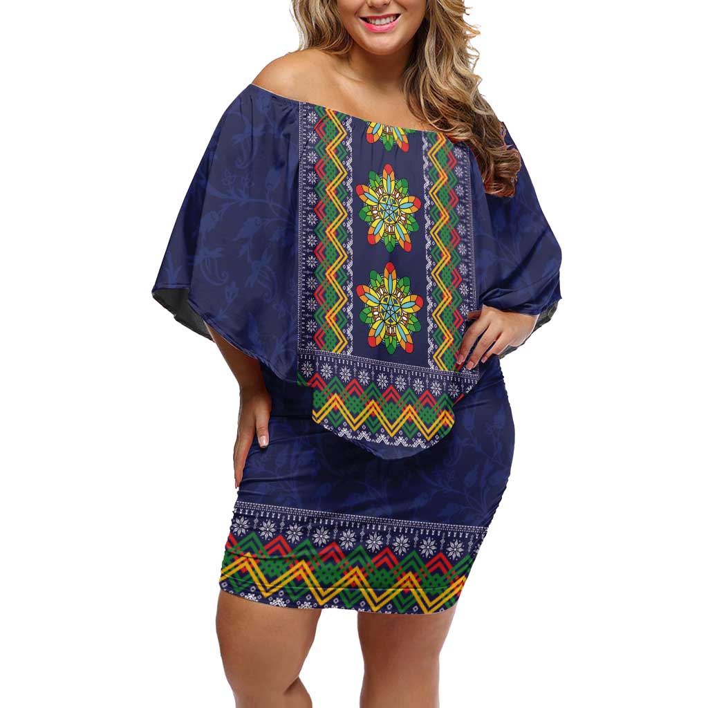 Philippines Merry Christmas Off Shoulder Short Dress Maligayang Pasko with Parol and Xmas Pattern Barong Style - Wonder Print Shop