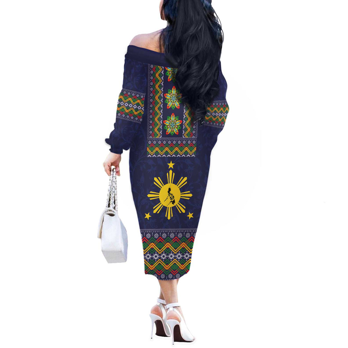 Philippines Merry Christmas Off The Shoulder Long Sleeve Dress Maligayang Pasko with Parol and Xmas Pattern Barong Style - Wonder Print Shop