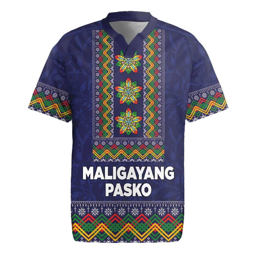 Philippines Merry Christmas Rugby Jersey Maligayang Pasko with Parol and Xmas Pattern Barong Style - Wonder Print Shop