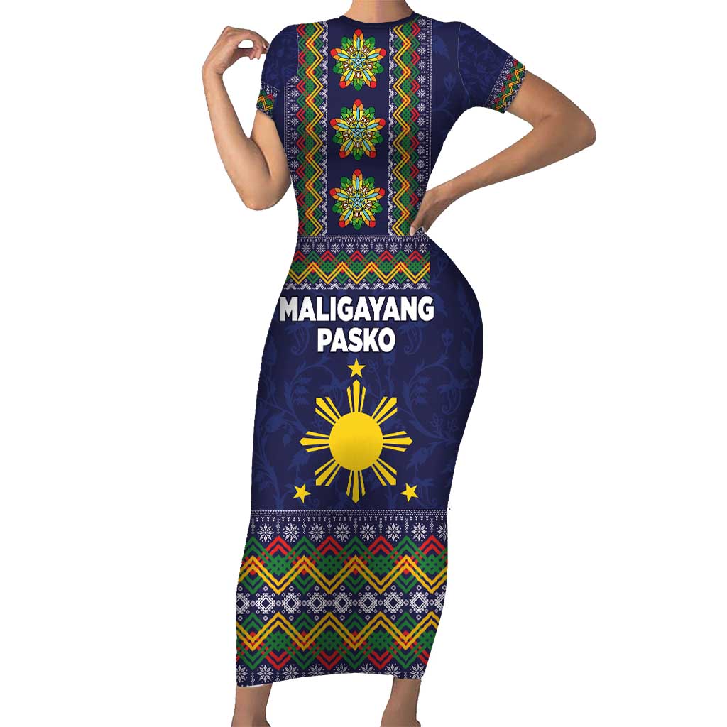 Philippines Merry Christmas Short Sleeve Bodycon Dress Maligayang Pasko with Parol and Xmas Pattern Barong Style - Wonder Print Shop