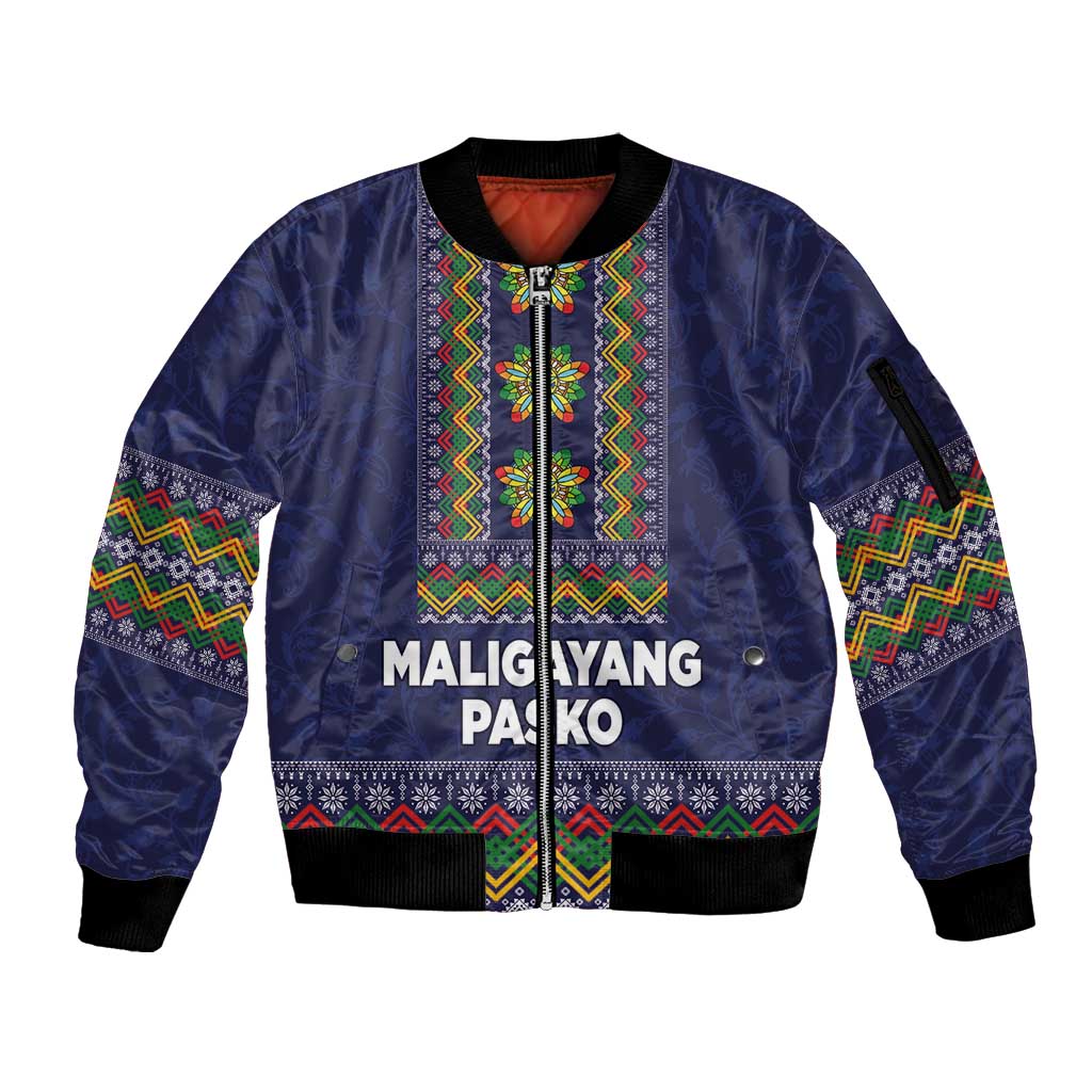 Philippines Merry Christmas Sleeve Zip Bomber Jacket Maligayang Pasko with Parol and Xmas Pattern Barong Style - Wonder Print Shop