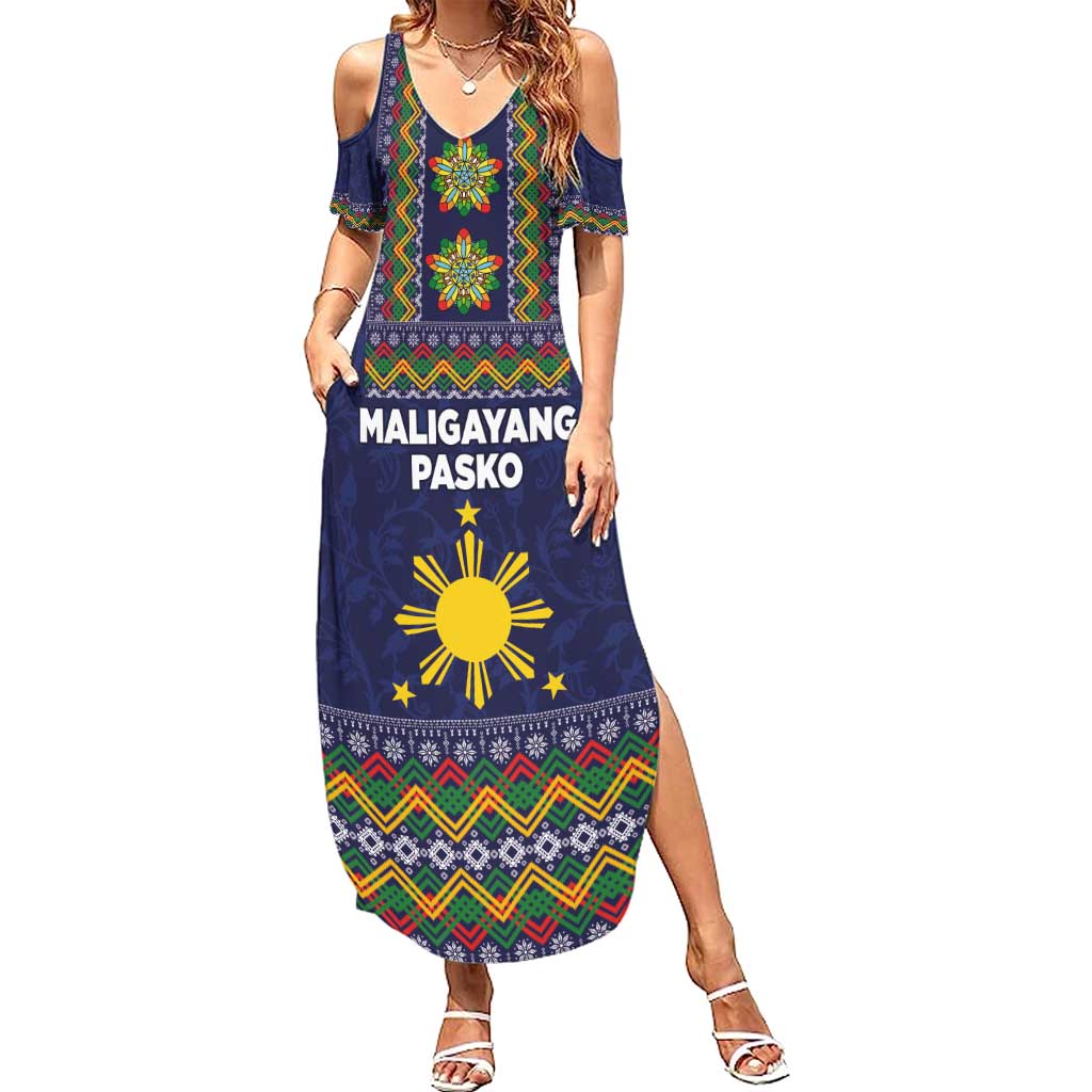 Philippines Merry Christmas Summer Maxi Dress Maligayang Pasko with Parol and Xmas Pattern Barong Style - Wonder Print Shop