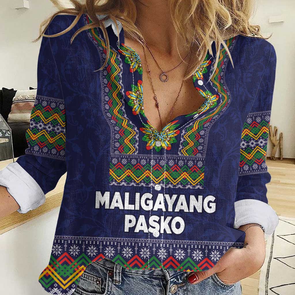 Philippines Merry Christmas Women Casual Shirt Maligayang Pasko with Parol and Xmas Pattern Barong Style - Wonder Print Shop