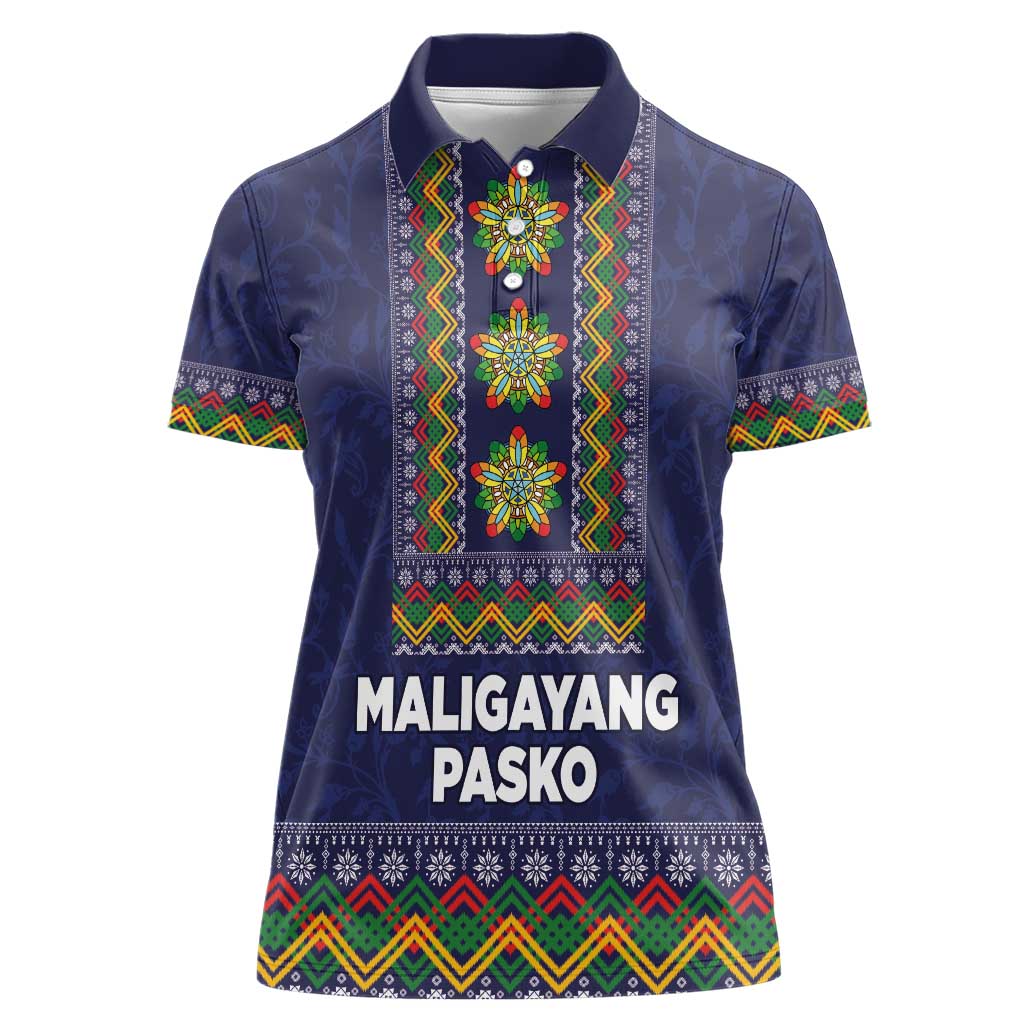 Philippines Merry Christmas Women Polo Shirt Maligayang Pasko with Parol and Xmas Pattern Barong Style - Wonder Print Shop