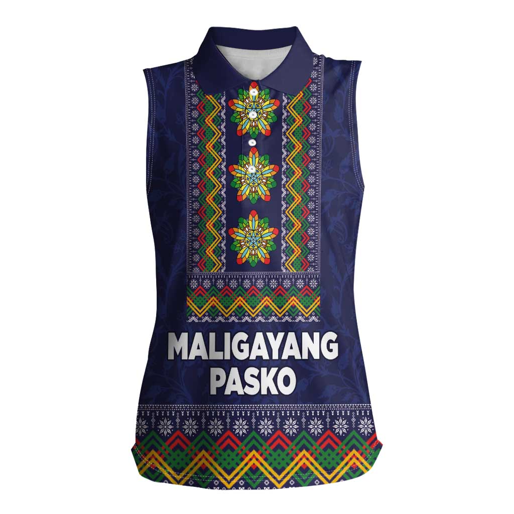Philippines Merry Christmas Women Sleeveless Polo Shirt Maligayang Pasko with Parol and Xmas Pattern Barong Style - Wonder Print Shop