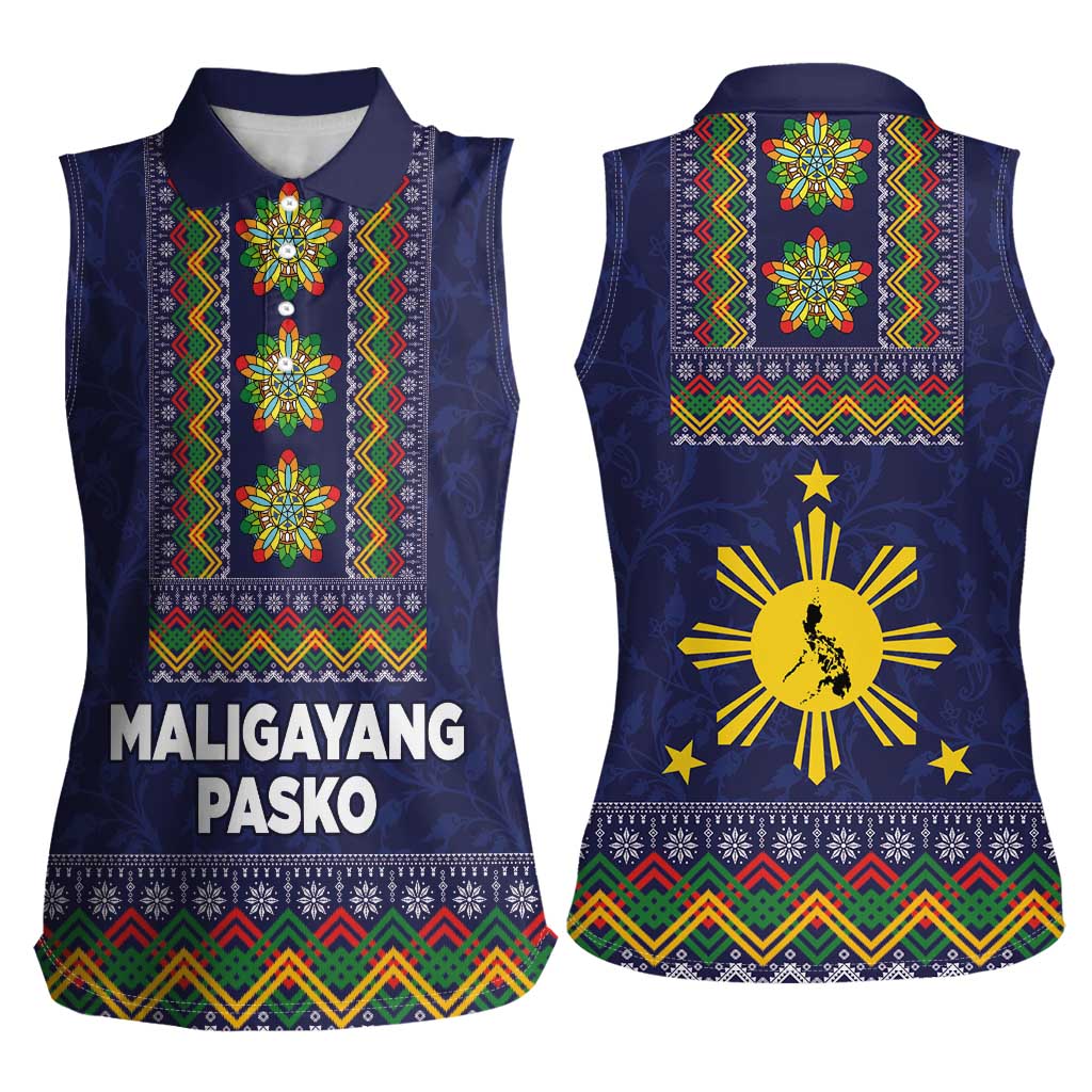 Philippines Merry Christmas Women Sleeveless Polo Shirt Maligayang Pasko with Parol and Xmas Pattern Barong Style - Wonder Print Shop